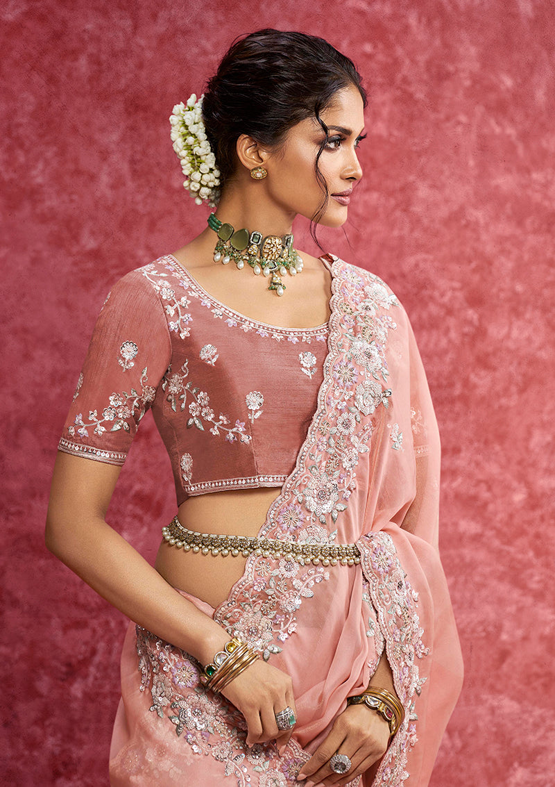 Monjolika Fashion Peach Satin Silk Embroidered Work Saree | Grocsy