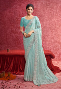 Monjolika Fashion Sky Blue Satin Silk Embroidered Work Saree | Grocsy