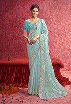 Monjolika Fashion Sky Blue Satin Silk Embroidered Work Saree | Grocsy