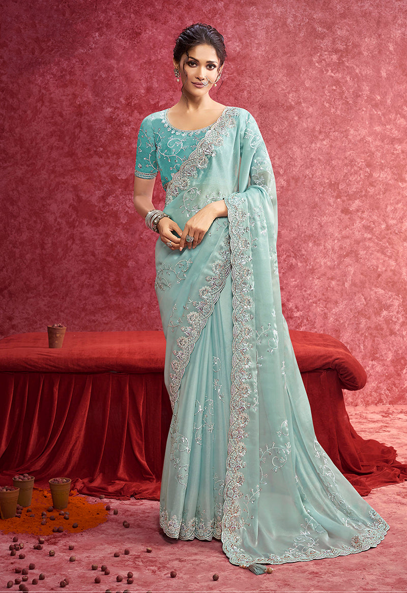 Monjolika Fashion Sky Blue Satin Silk Embroidered Work Saree | Grocsy