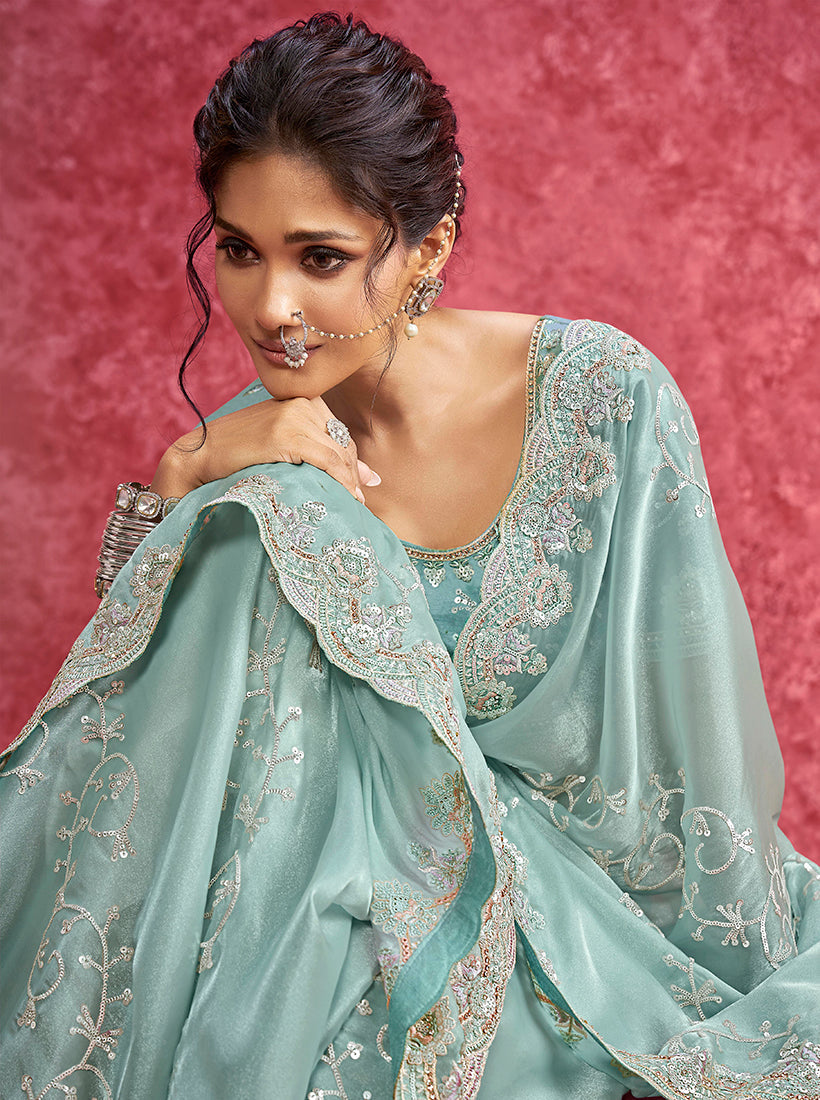 Monjolika Fashion Sky Blue Satin Silk Embroidered Work Saree | Grocsy