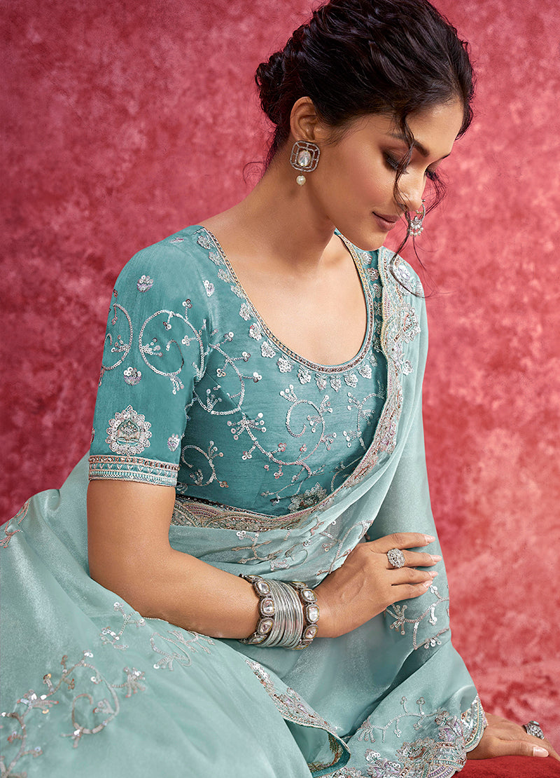 Monjolika Fashion Sky Blue Satin Silk Embroidered Work Saree | Grocsy