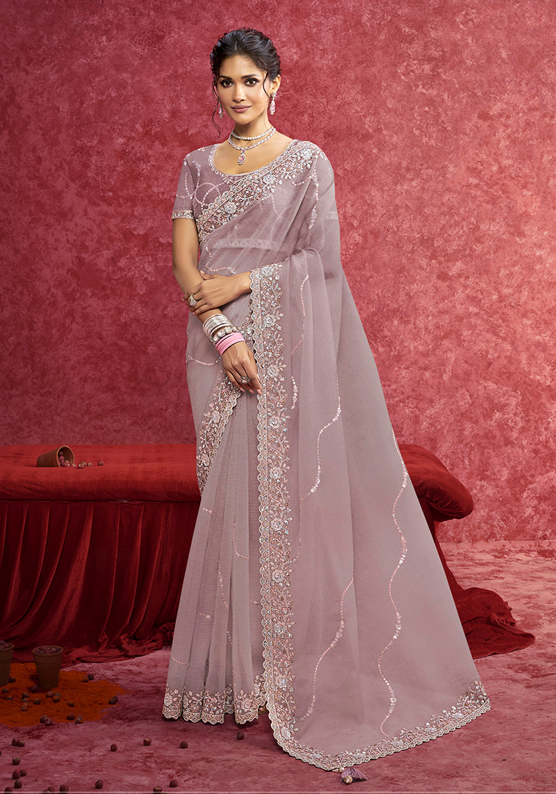 Monjolika Fashion Lavender Crush Silk Blend Embroidered Work Saree | Grocsy