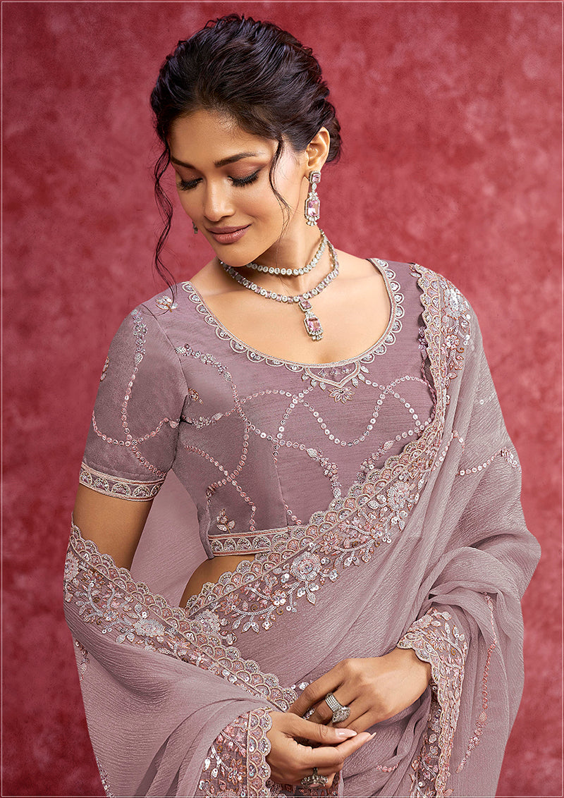 Monjolika Fashion Lavender Crush Silk Blend Embroidered Work Saree | Grocsy