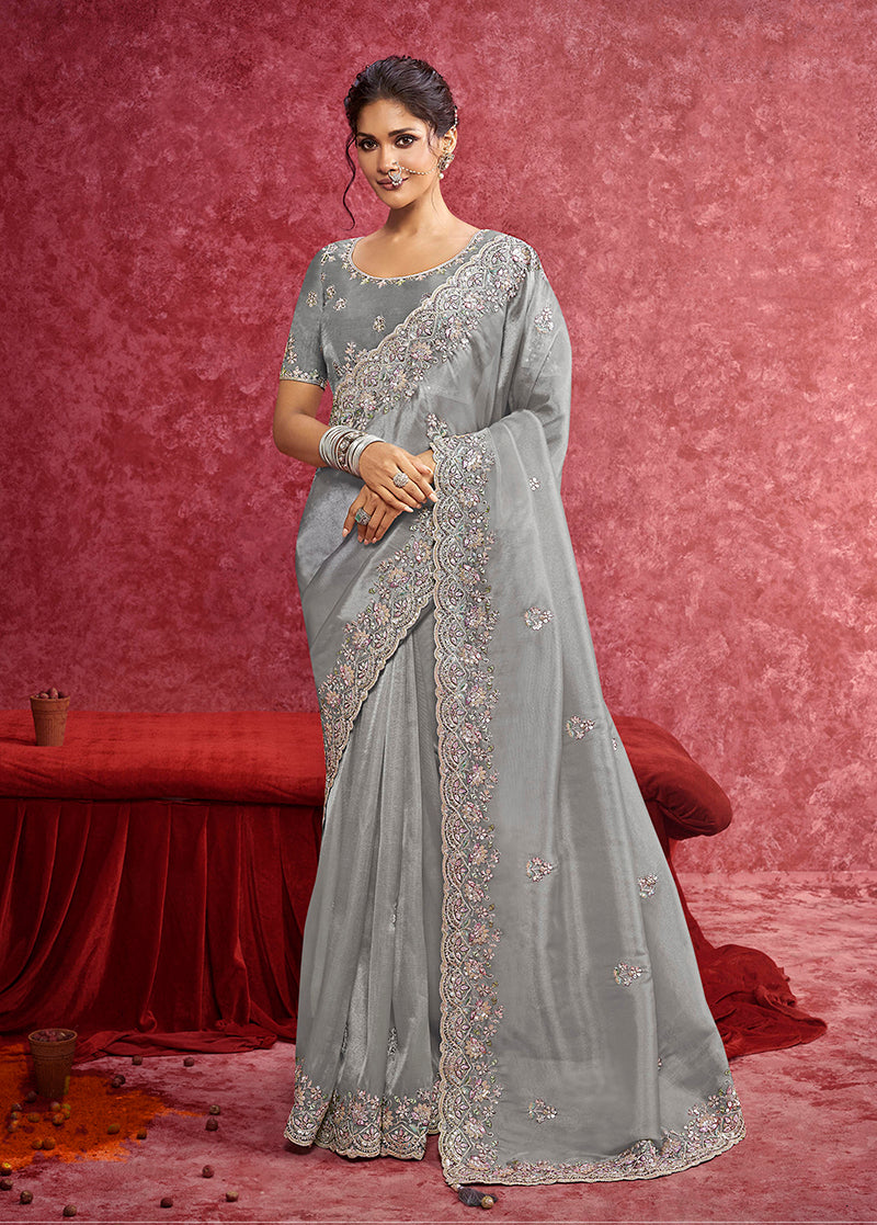 Monjolika Fashion Grey Silk Blend Embroidered Work Saree | Grocsy