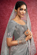 Monjolika Fashion Grey Silk Blend Embroidered Work Saree | Grocsy