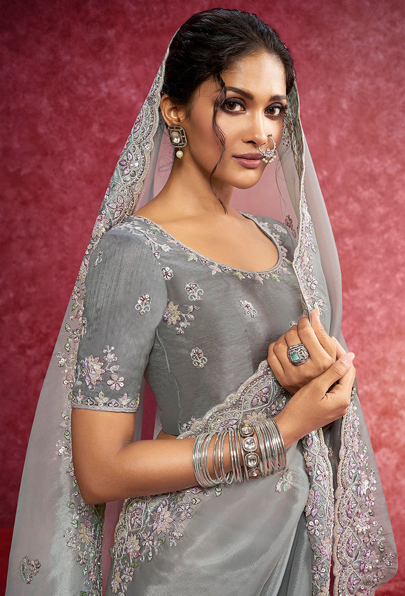Monjolika Fashion Grey Silk Blend Embroidered Work Saree | Grocsy
