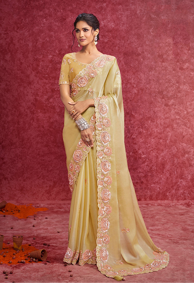 Monjolika Fashion Pastel Yellow Satin Silk Embroidered Work Saree | Grocsy