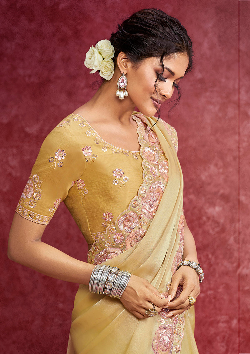 Monjolika Fashion Pastel Yellow Satin Silk Embroidered Work Saree | Grocsy