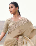 Monjolika Fashion Beige Embroidered Woven Faux Tissue Silk Saree | Grocsy