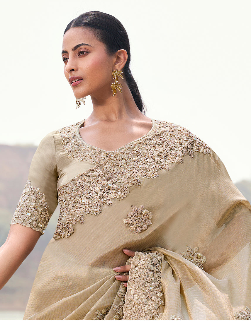 Monjolika Fashion Beige Embroidered Woven Faux Tissue Silk Saree | Grocsy