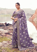 Monjolika Fashion Lavender Purple Embroidered Woven Faux Tissue Silk Saree | Grocsy