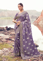 Monjolika Fashion Lavender Purple Embroidered Woven Faux Tissue Silk Saree | Grocsy