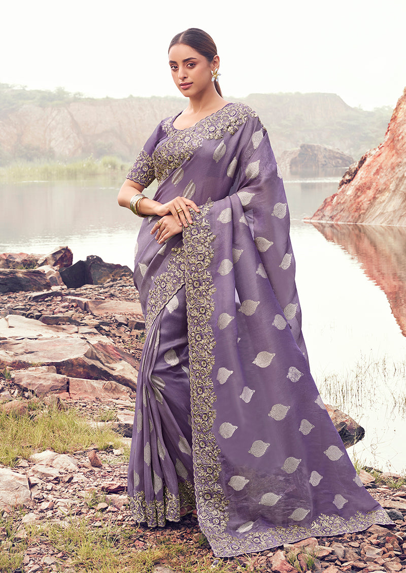 Monjolika Fashion Lavender Purple Embroidered Woven Faux Tissue Silk Saree | Grocsy
