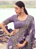 Monjolika Fashion Lavender Purple Embroidered Woven Faux Tissue Silk Saree | Grocsy
