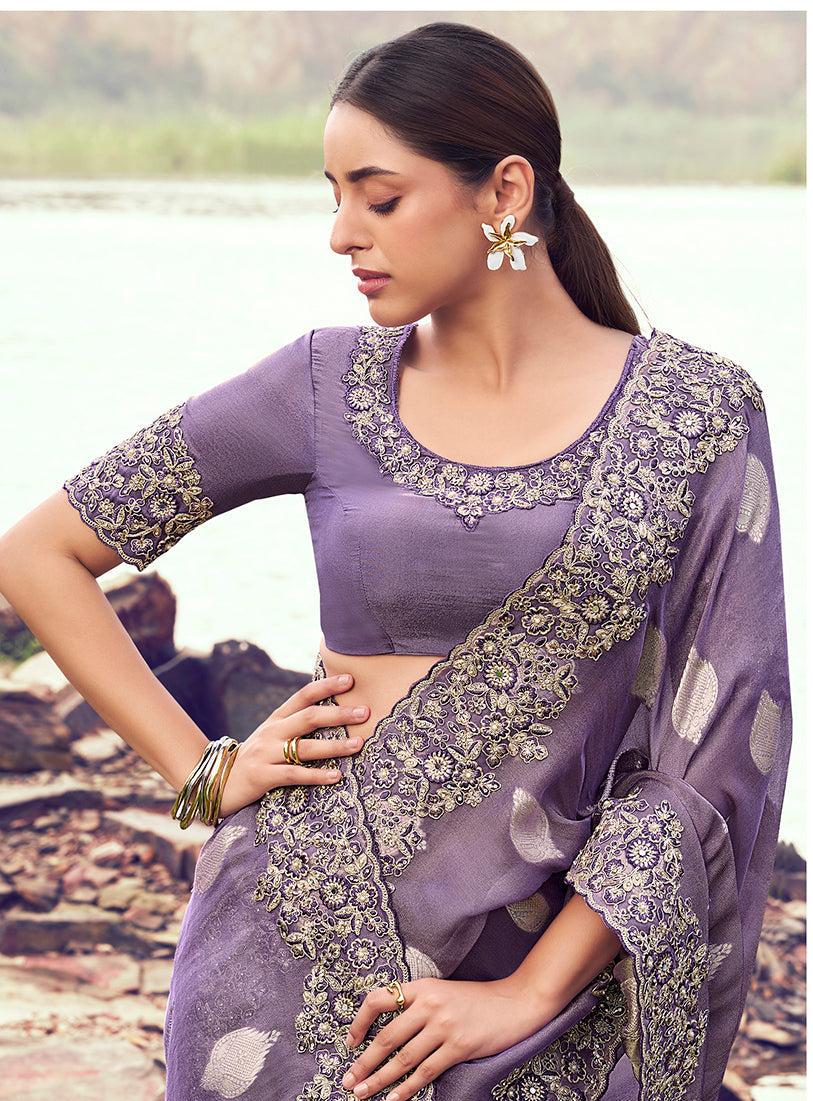 Monjolika Fashion Lavender Purple Embroidered Woven Faux Tissue Silk Saree | Grocsy