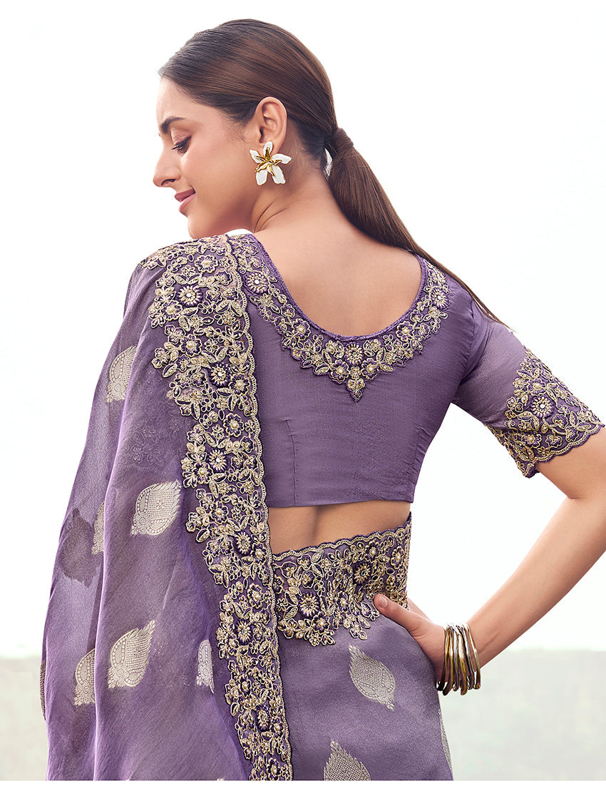 Monjolika Fashion Lavender Purple Embroidered Woven Faux Tissue Silk Saree | Grocsy