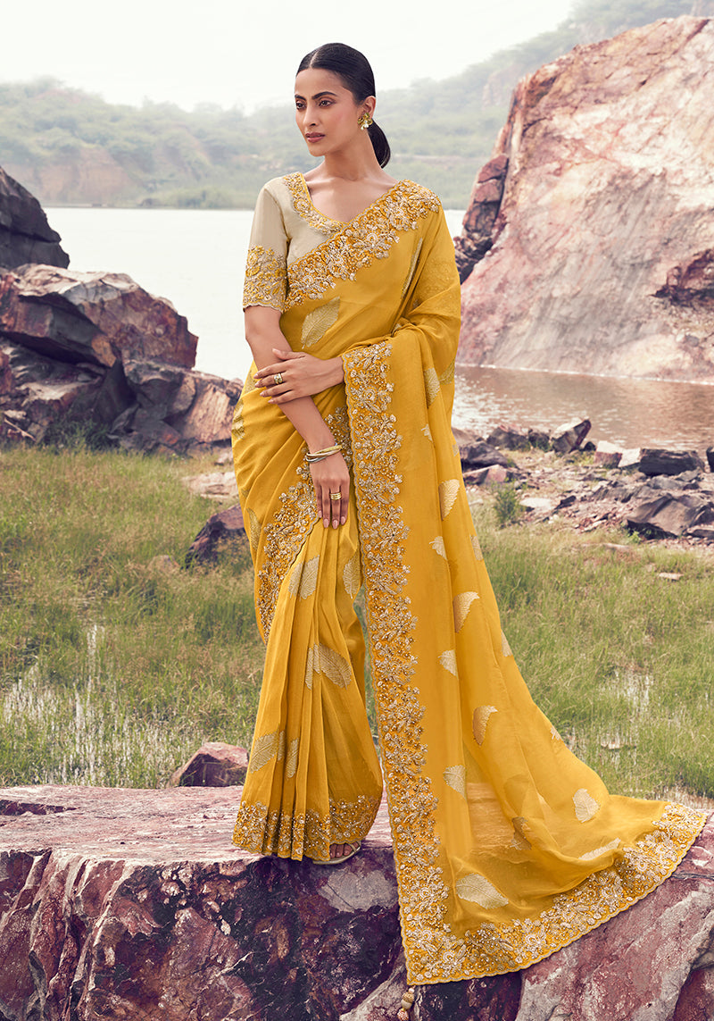 Monjolika Fashion Yellow Embroidered Woven Faux Tissue Silk Saree | Grocsy