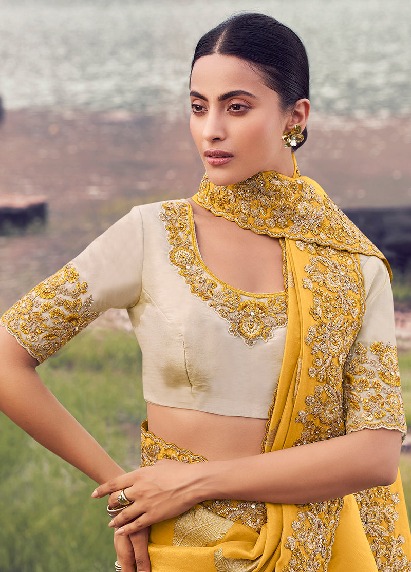 Monjolika Fashion Yellow Embroidered Woven Faux Tissue Silk Saree | Grocsy