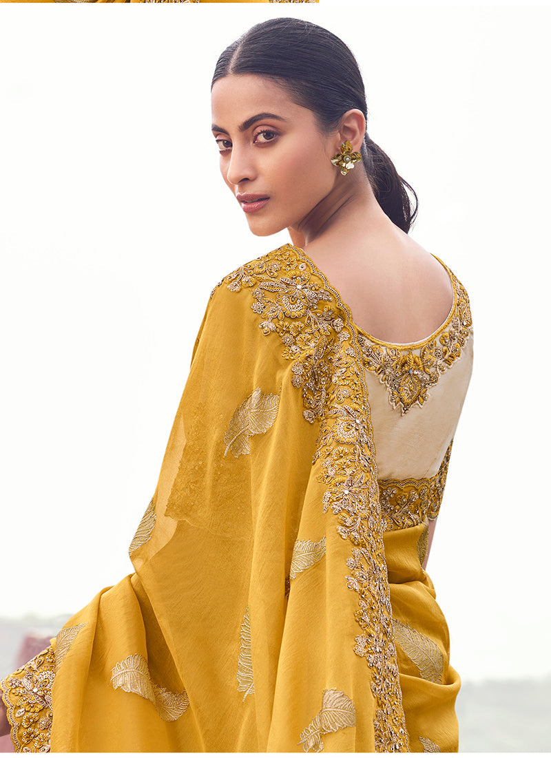 Monjolika Fashion Yellow Embroidered Woven Faux Tissue Silk Saree | Grocsy