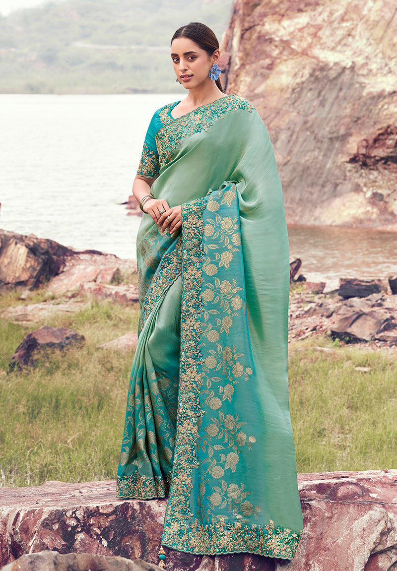 Monjolika Fashion Sea Green & Aqua Blue Embroidered Woven Faux Tissue Silk Saree | Grocsy