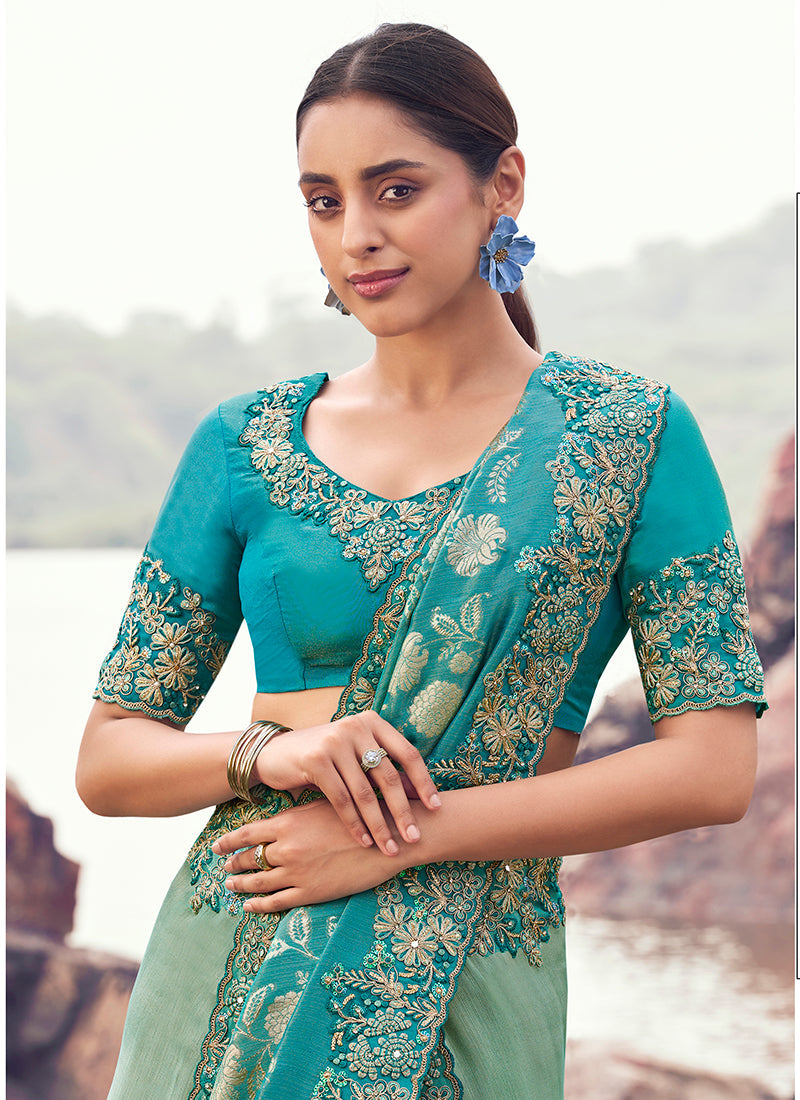 Monjolika Fashion Sea Green & Aqua Blue Embroidered Woven Faux Tissue Silk Saree | Grocsy