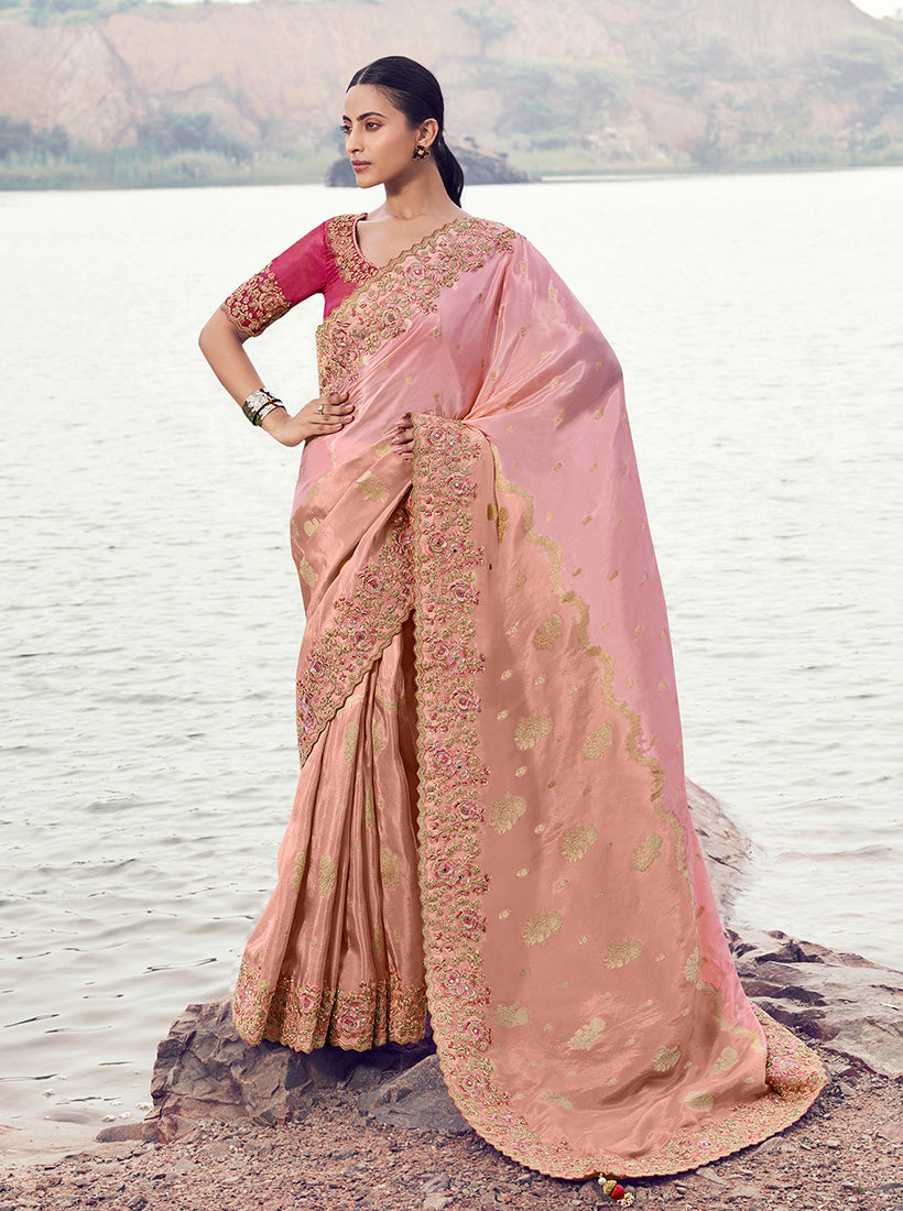 Monjolika Fashion Pink Embroidered Woven Faux Tissue Silk Saree | Grocsy