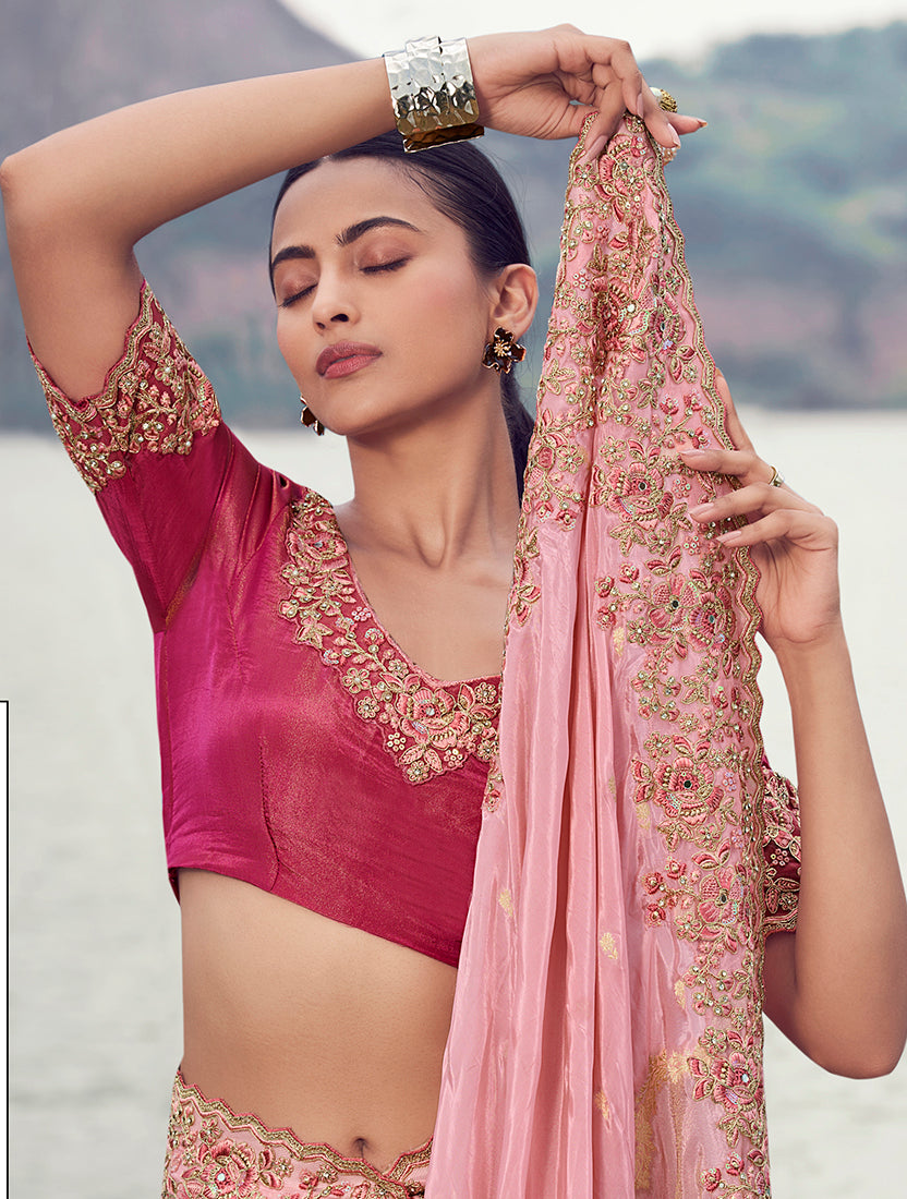 Monjolika Fashion Pink Embroidered Woven Faux Tissue Silk Saree | Grocsy