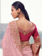 Monjolika Fashion Pink Embroidered Woven Faux Tissue Silk Saree | Grocsy