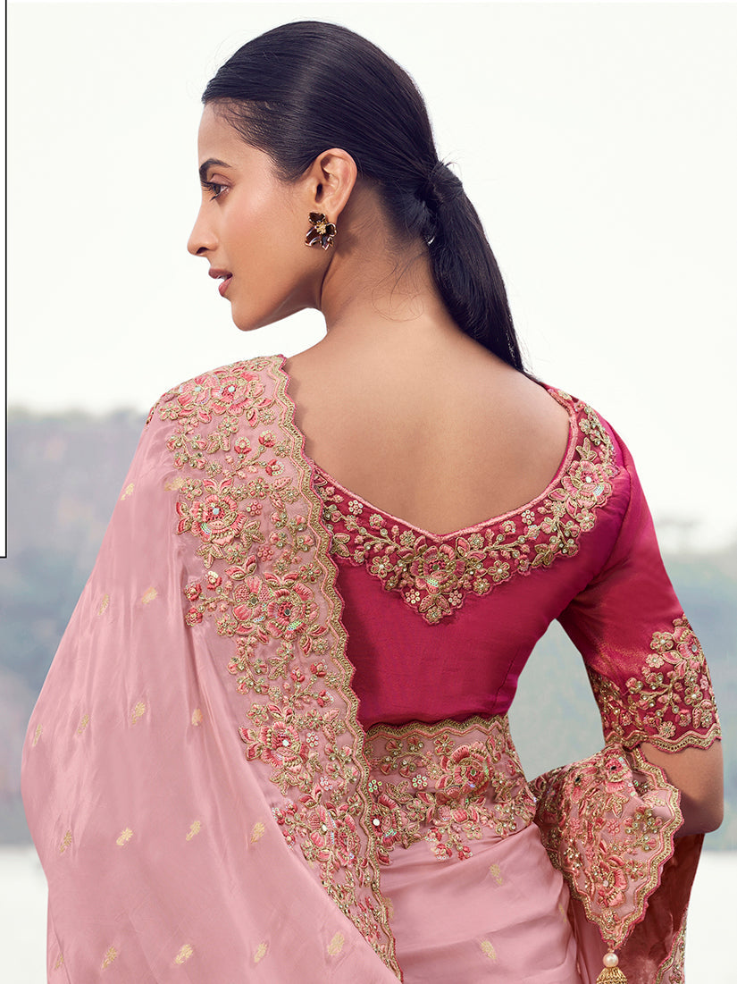 Monjolika Fashion Pink Embroidered Woven Faux Tissue Silk Saree | Grocsy