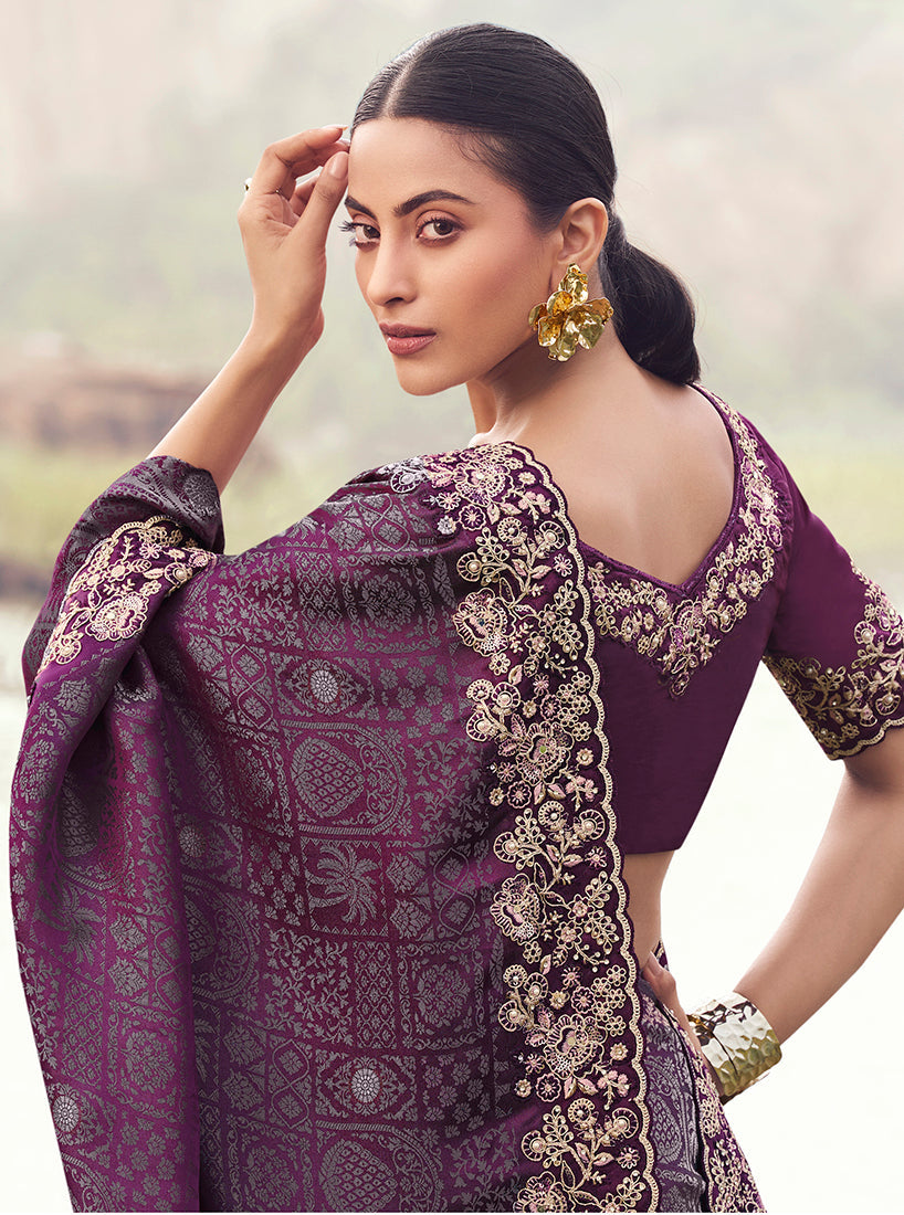 Monjolika Fashion Wine Embroidered Woven Satin Silk Saree | Grocsy