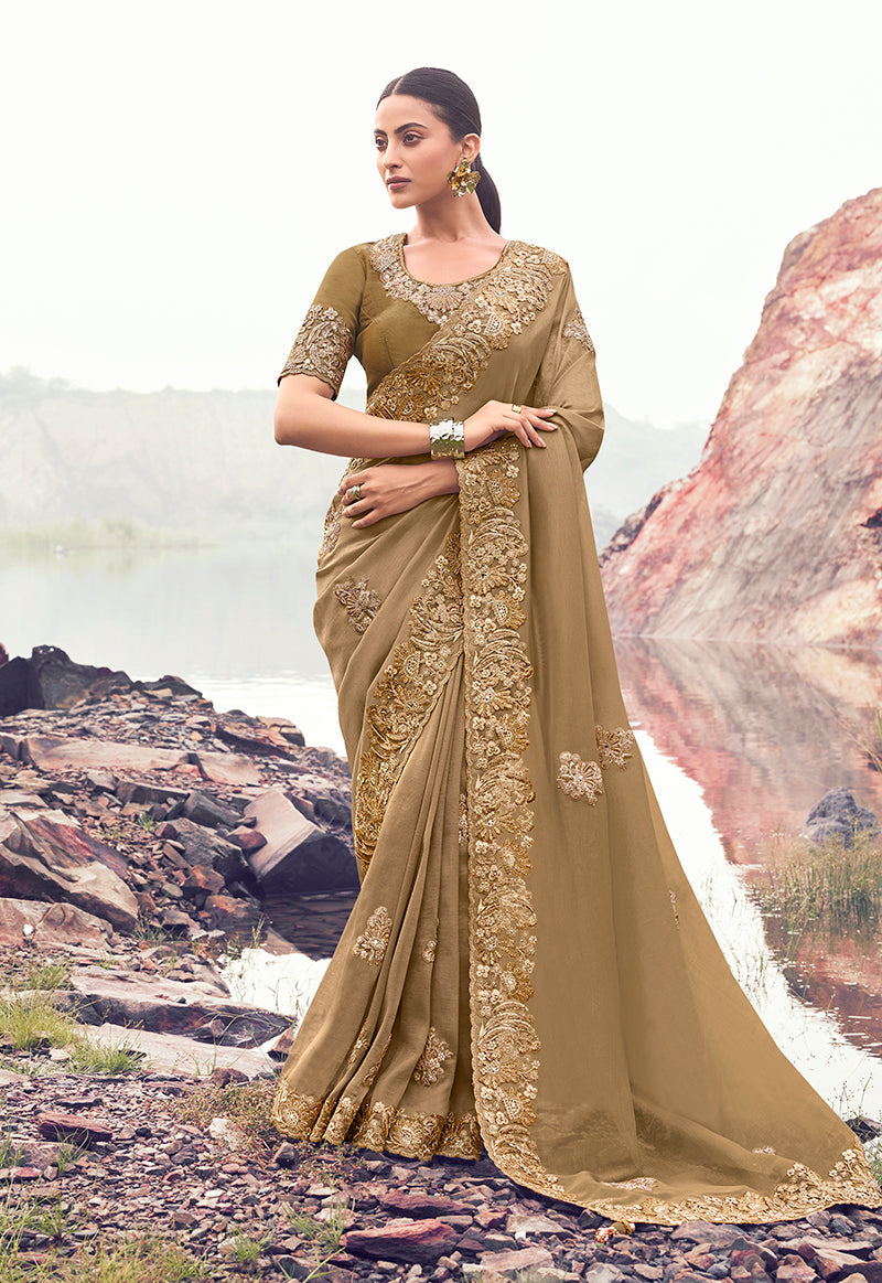 Monjolika Fashion Chiku Embroidered Banarasi Silk Blend Saree | Grocsy