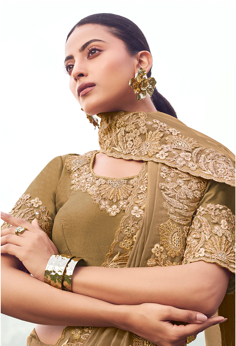 Monjolika Fashion Chiku Embroidered Banarasi Silk Blend Saree | Grocsy