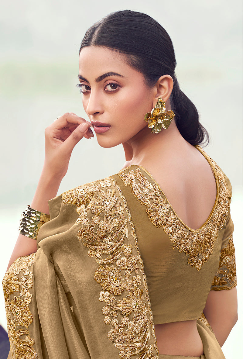 Monjolika Fashion Chiku Embroidered Banarasi Silk Blend Saree | Grocsy