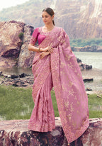 Monjolika Fashion Onion Pink Embroidered Woven Faux Tissue Silk Saree | Grocsy