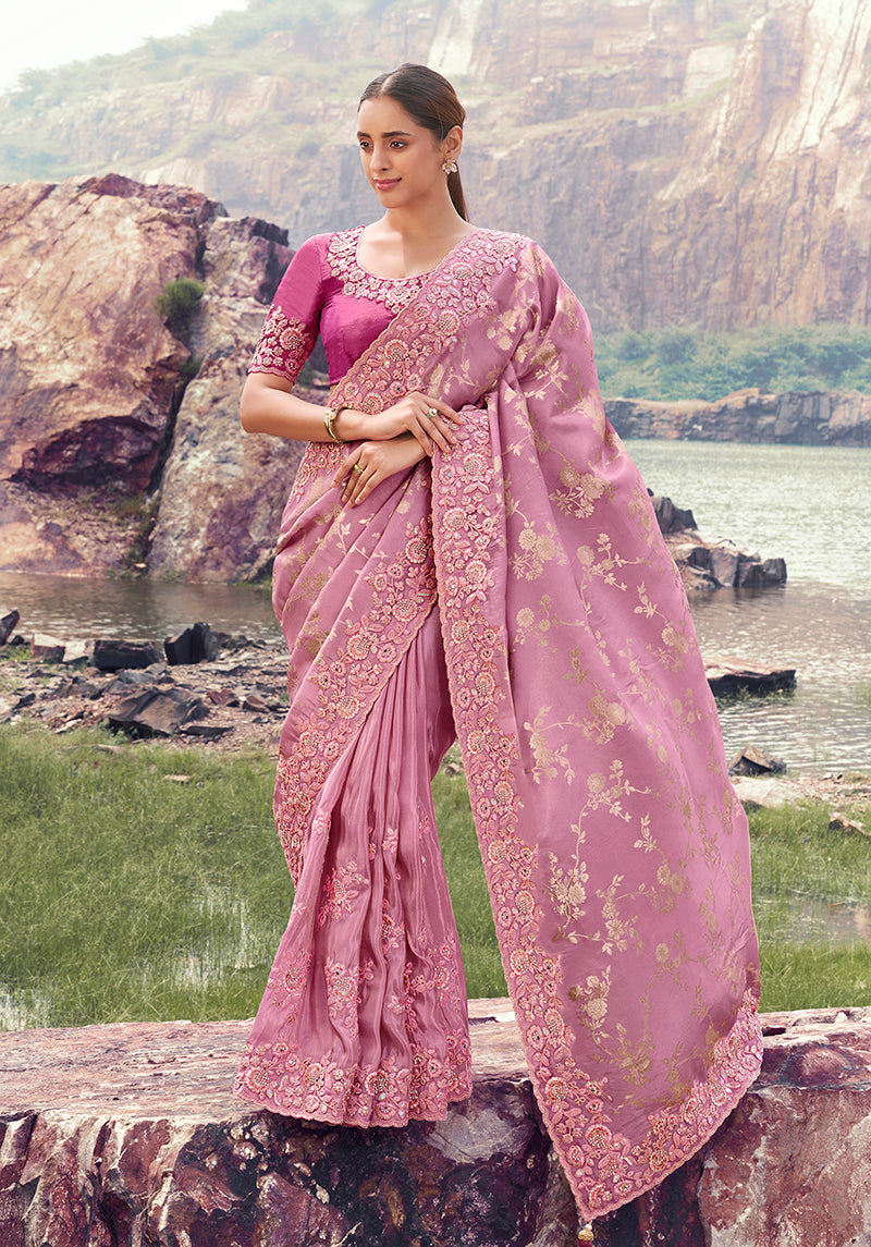 Monjolika Fashion Onion Pink Embroidered Woven Faux Tissue Silk Saree | Grocsy