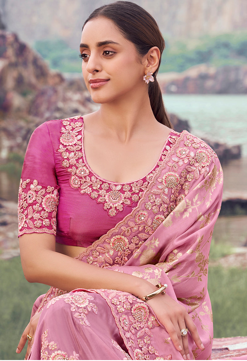 Monjolika Fashion Onion Pink Embroidered Woven Faux Tissue Silk Saree | Grocsy