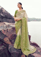 Monjolika Fashion Beige & Green Embroidered Woven Faux Tissue Silk Saree | Grocsy