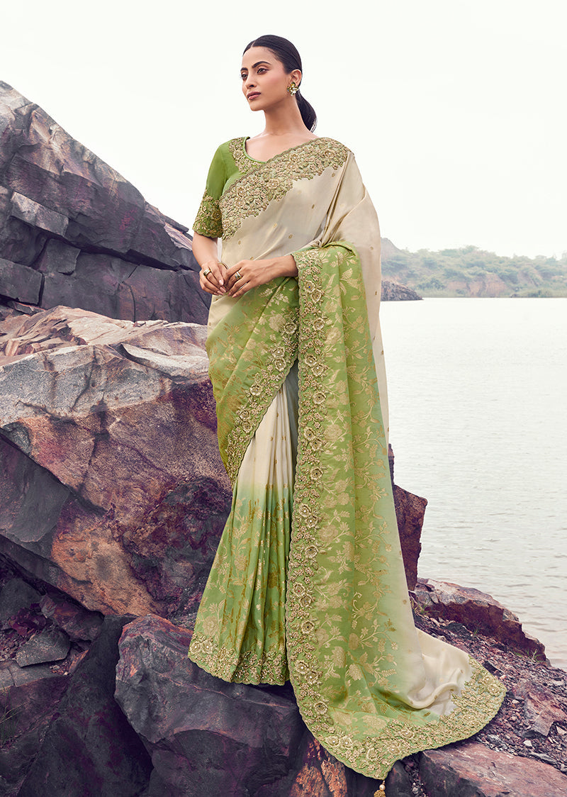 Monjolika Fashion Beige & Green Embroidered Woven Faux Tissue Silk Saree | Grocsy