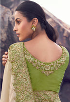 Monjolika Fashion Beige & Green Embroidered Woven Faux Tissue Silk Saree | Grocsy