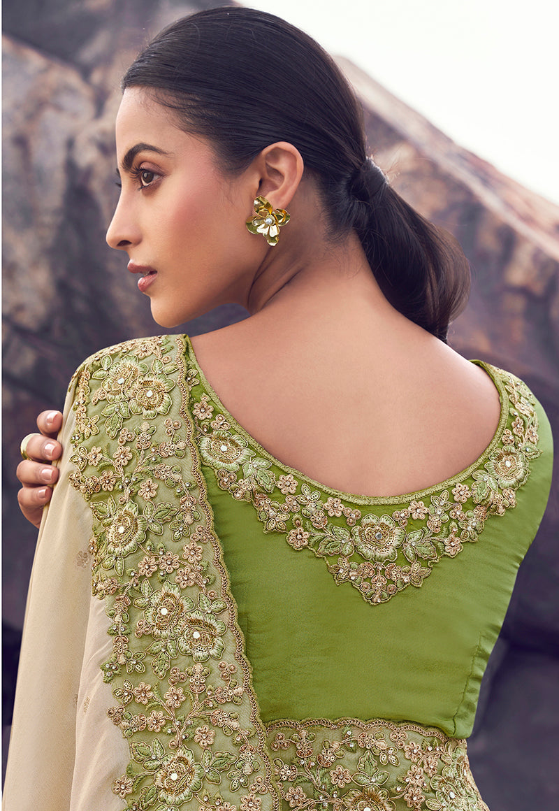 Monjolika Fashion Beige & Green Embroidered Woven Faux Tissue Silk Saree | Grocsy
