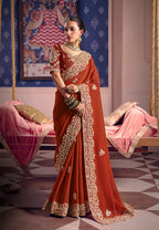 Monjolika Fashion Rust Viscose Zari Tissue Silk Embroidered Saree | Grocsy
