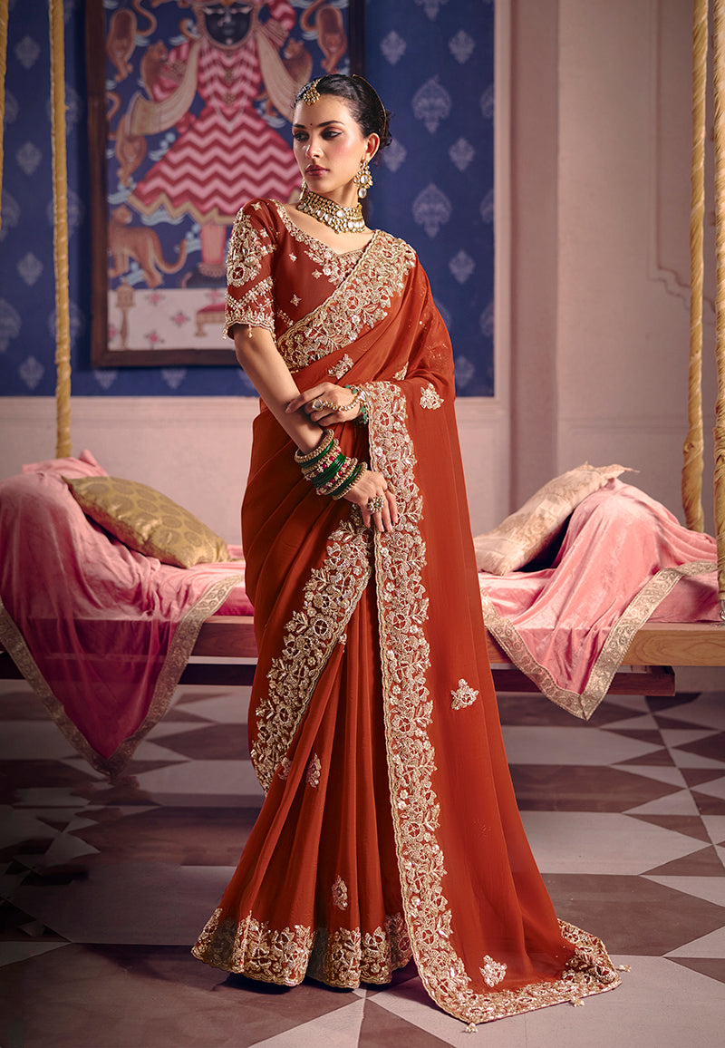 Monjolika Fashion Rust Viscose Zari Tissue Silk Embroidered Saree | Grocsy