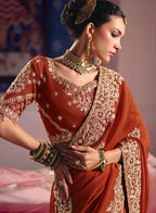 Monjolika Fashion Rust Viscose Zari Tissue Silk Embroidered Saree | Grocsy