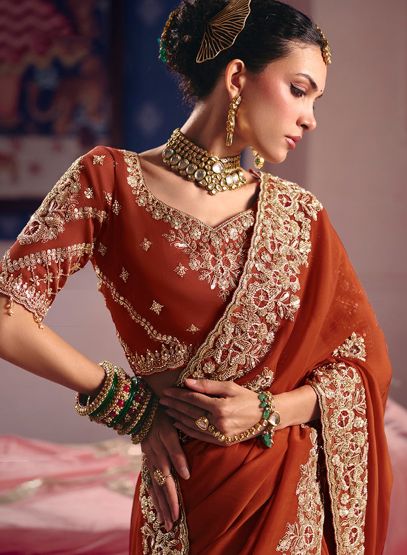 Monjolika Fashion Rust Viscose Zari Tissue Silk Embroidered Saree | Grocsy
