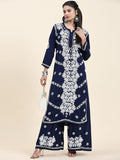 HOUSE OF KARI Ethnic Motifs Embroidered Chikankari Cotton Kurta & Palazzos | Grocsy
