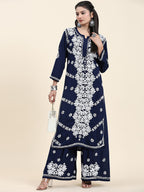 HOUSE OF KARI Ethnic Motifs Embroidered Chikankari Cotton Kurta & Palazzos | Grocsy