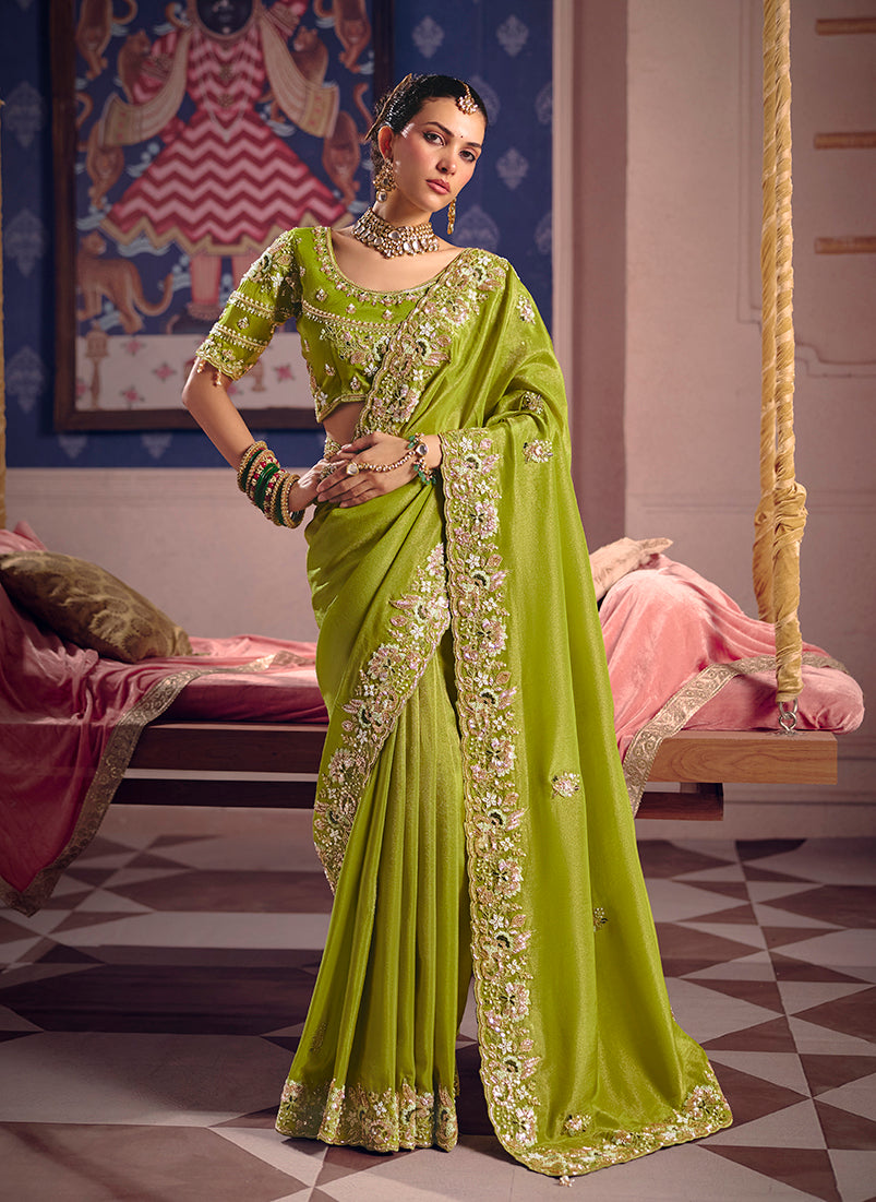 Monjolika Fashion Parrot Green Viscose Zari Tissue Silk Embroidered Saree | Grocsy