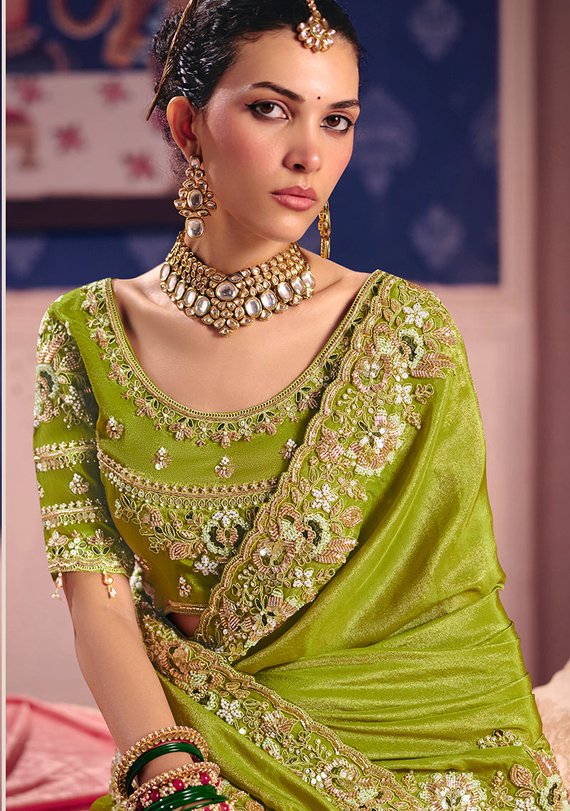 Monjolika Fashion Parrot Green Viscose Zari Tissue Silk Embroidered Saree | Grocsy