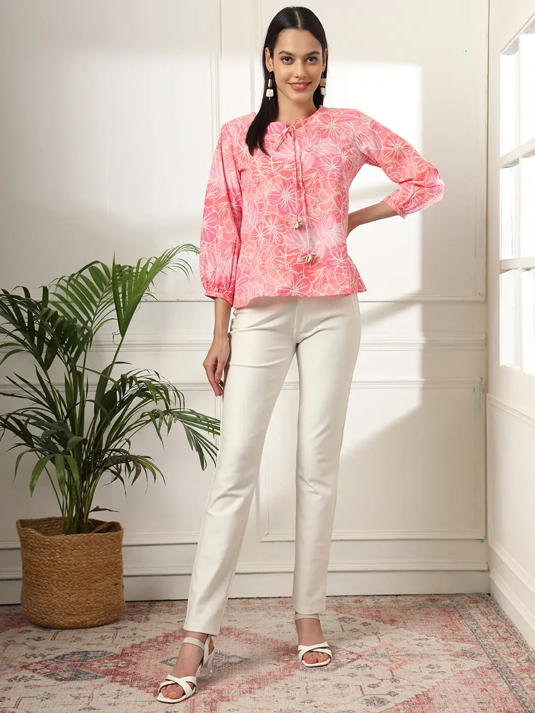 Yufta Pink Printed Cotton Peplum Top | Grocsy
